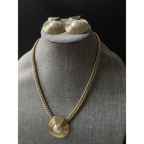 Parklane Vintage Necklace Earring Set Gold Tone Art Deco MCM Faux Pearl Retro - Picture 1 of 11